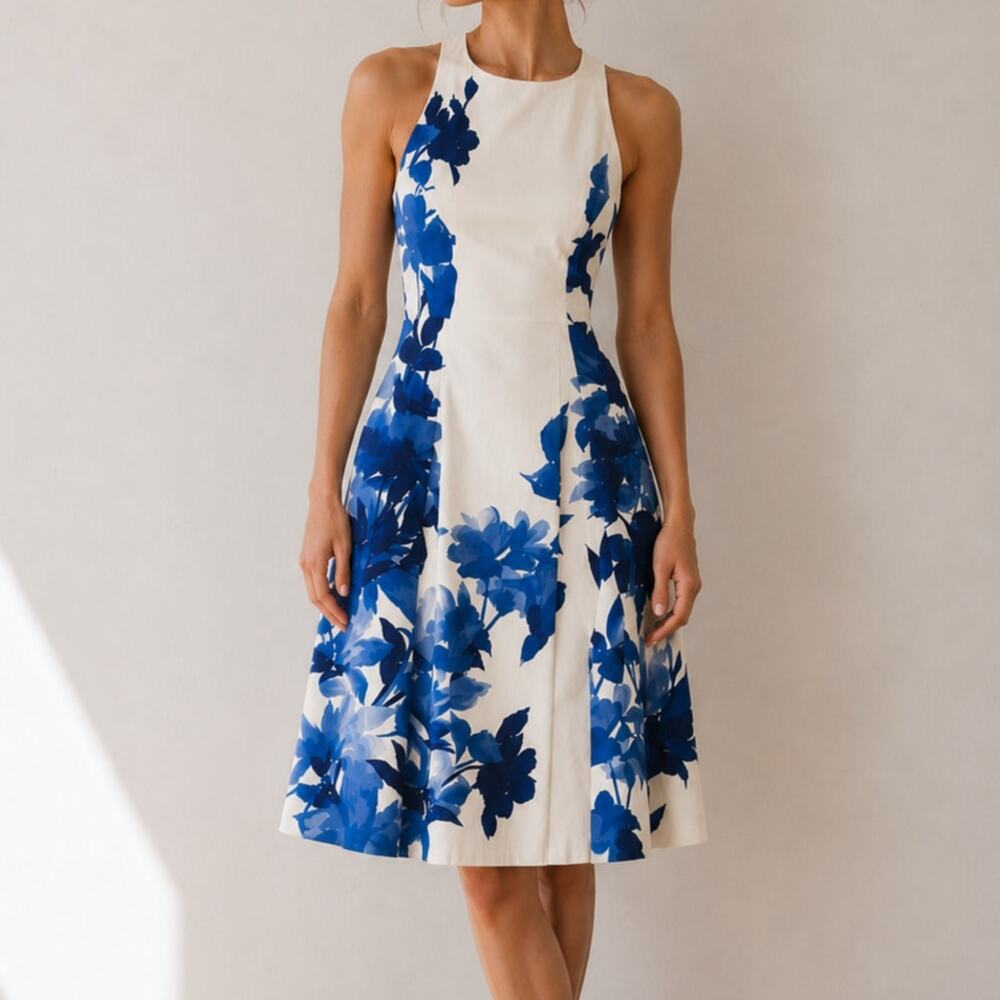 Ralph Lauren Blue White Floral Halter Fit & Flare Dress Coastal Feminine Prep- 6